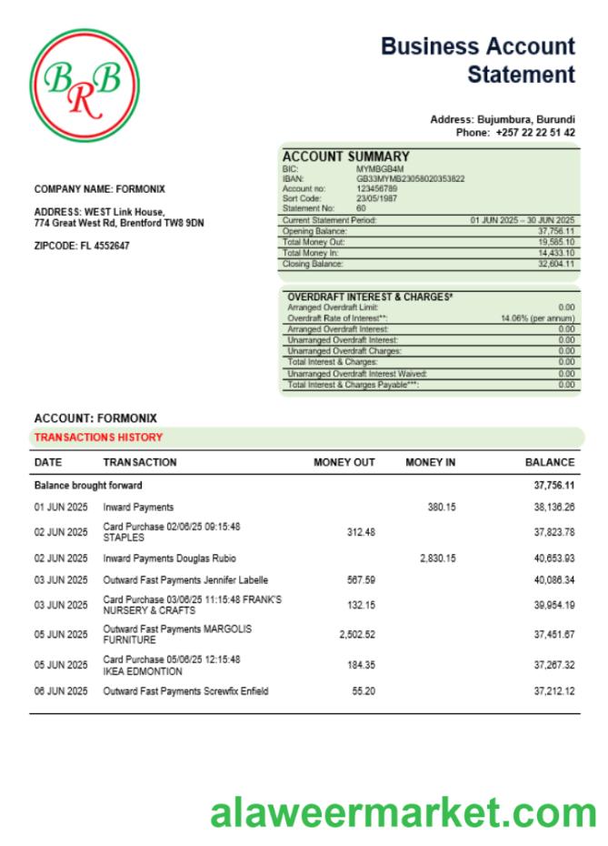 Bank of the Republic of Burundi company statement Word and PDF format